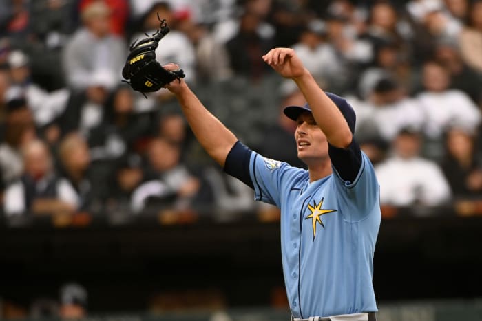 Apr 29, 2023; Chicago, Illinois, USA; Tampa Bay Rays starting pitcher Calvin Faucher (58) after being relieved against the Chicago White Sox during the second inning at Guaranteed Rate Field. Mandatory Credit: Matt Marton-USA TODAY Sports